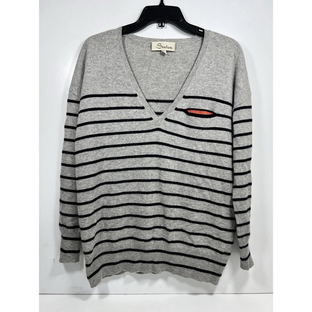 Seaton Striped 100% Cashmere V-Neck Sweater Sz S Oversize Quiet Luxury Preppy